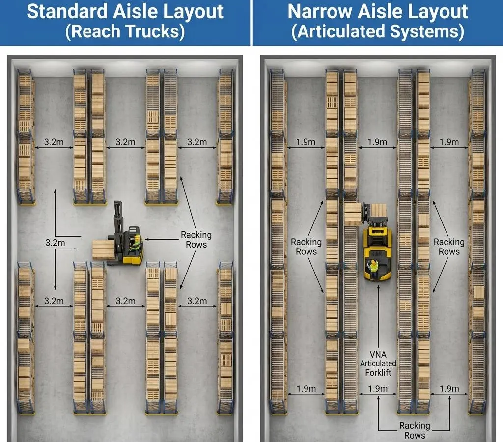Warehouse aisle width comparison 1.8m vs 3.0m for pallet density optimization Warehouse aisle width comparison 1.8m vs 3.0m for pallet density optimization