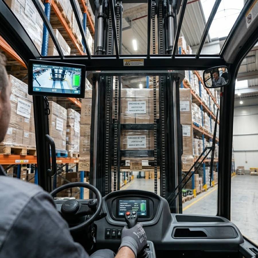 Side extraction 48V Lithium-Ion battery pack on an electric reach truck chassis Side extraction 48V Lithium-Ion battery pack on an electric reach truck chassis